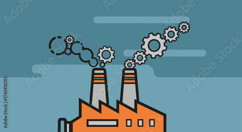 Industrial factory structure emitting smoke and mechanism gears representing industry and technology