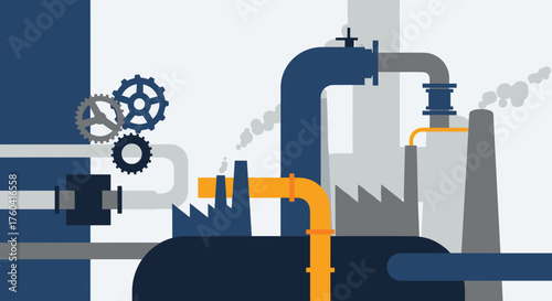 Stylized flat design of an industrial factory complex with machinery pipes and smoke