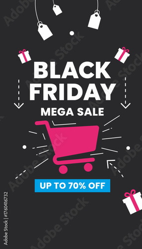 Black Friday Mega Sale up to 70 off Promotional graphic for shopping deals and discounts