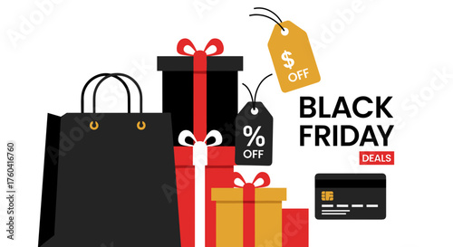 Black Friday sales event illustration with gifts discount tags and shopping bag