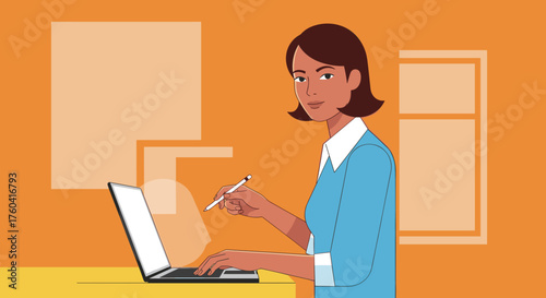 Focused businesswoman using laptop and stylus in a bright orange workspace illustration