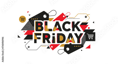 Modern Black Friday sale banner design with abstract shapes price tags and shopping carts