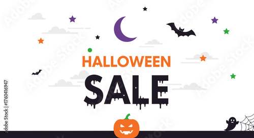 Spooky Halloween Sale banner illustration with pumpkin bats and dripping text
