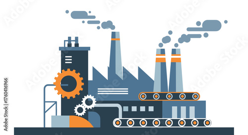 Modern flat graphic illustration of an industrial manufacturing factory with gears conveyors and smokestacks