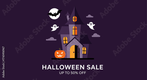 Flat design Halloween Sale banner with haunted house pumpkin and ghostly characters