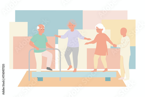 Seniors receiving physical therapy for balance and rehabilitation supported by caregivers