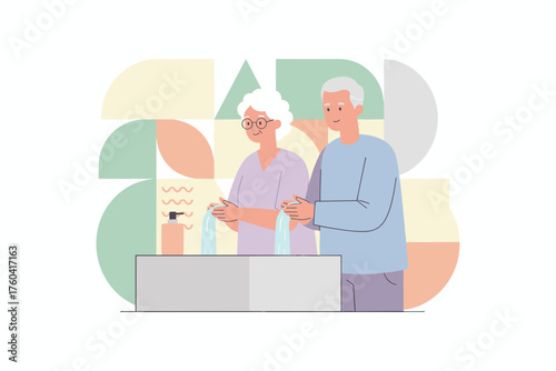 Senior couple washing hands for health and hygiene Promoting wellness and daily care