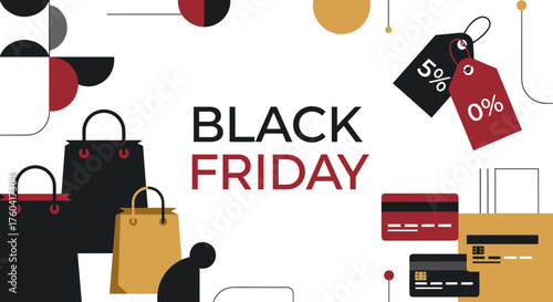 Black Friday sale banner illustration with shopping bags credit cards and discount tags