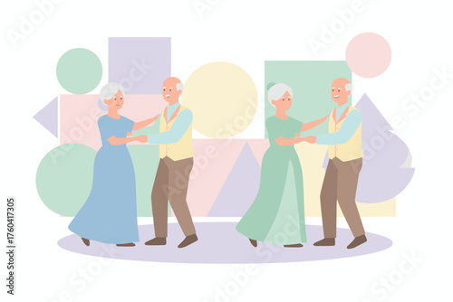 Happy elderly couples dancing gracefully enjoying an active and joyful senior lifestyle