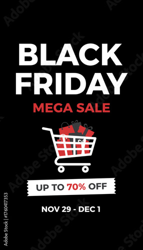 Black Friday Mega Sale advertisement with shopping cart full of gifts Great for retail promotions