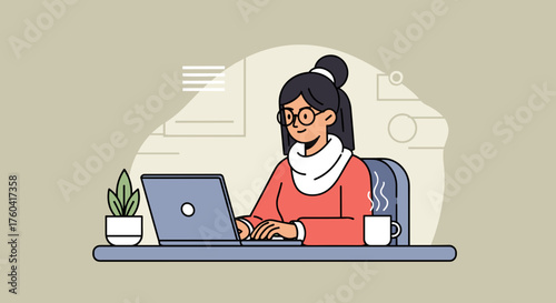 A smiling woman works on her laptop at a cozy desk with coffee and a plant Productivity