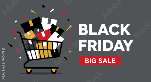 Black Friday big sale banner with shopping cart full of packages Seasonal holiday marketing illustration