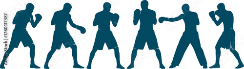 Boxing silhouettes in action: Dynamic silhouettes of boxers in various poses, ready for the next move, creating a scene of power, movement, and strategic combat.