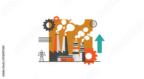 Industrial factory production flat vector illustration with gears smokestacks power and growth arrow