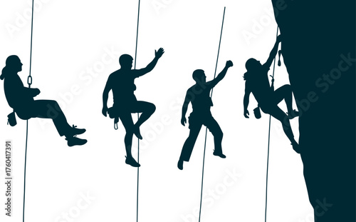 Conquering Heights: Silhouettes of determined climbers scaling a challenging rock face, symbolizing courage and ambition in a dynamic display.