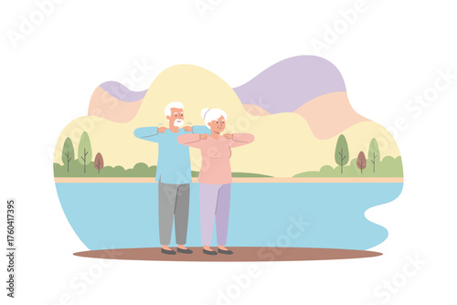 Senior couple enjoys light exercise by the water embracing active and healthy lifestyle