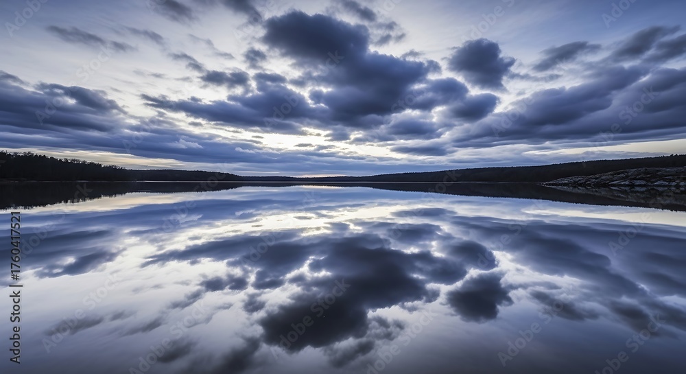 Obraz premium Scenic lake landscape mirroring dramatic cloudy sky during daytime