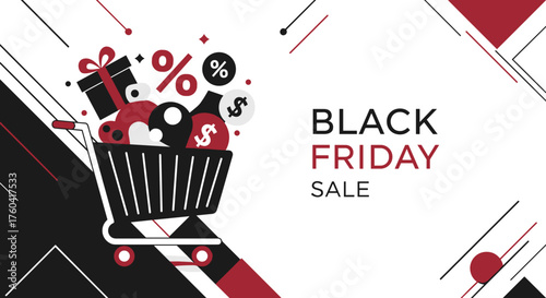 Black Friday Sale graphic Shopping cart full of gifts discounts and money symbols
