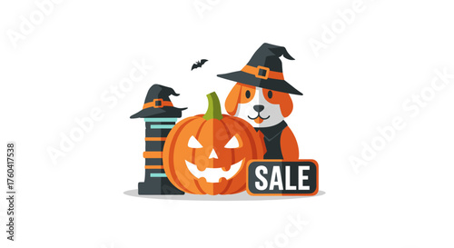 Cute dog in witch hat with carved pumpkin and SALE sign perfect for Halloween promotions and festive retail ads