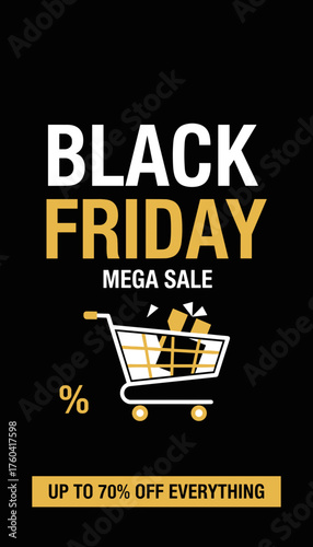 Black Friday mega sale banner with shopping cart and gifts ideal for retail promotions