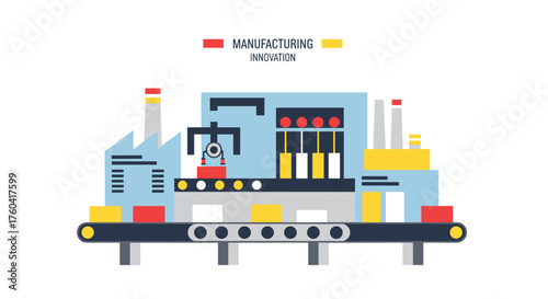 Flat design illustration of factory automation robotic production line and industrial innovation concepts