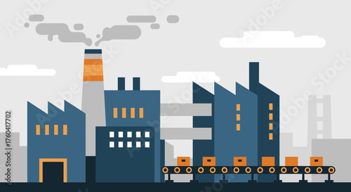 Stylized industrial factory producing goods with conveyor belt and chimney smoke