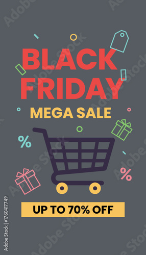 Black Friday Mega Sale graphic with shopping cart and discount symbols for retail promotions