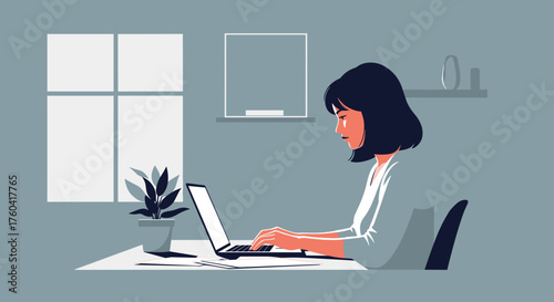 Woman working remotely on laptop at desk in modern home office illustration