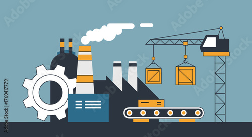 Flat vector illustration of industrial production flow factory crane and shipping logistics