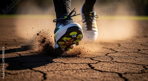 Close-up of cleats kicking up dust on cracked ground