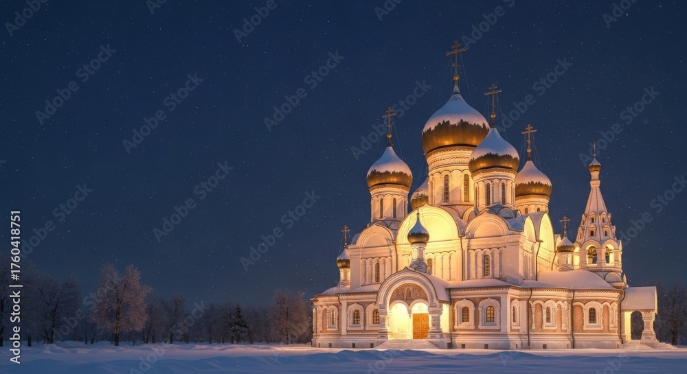 Fototapeta premium Orthodox Christmas in Russia, glowing cathedral domes in snow