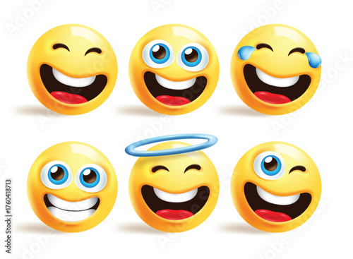Emoji happy cute clipart set. Happy emoji face characters clip art with winking, angel, funny, kind and smiling emoticons yellow collection vector illustration. 
