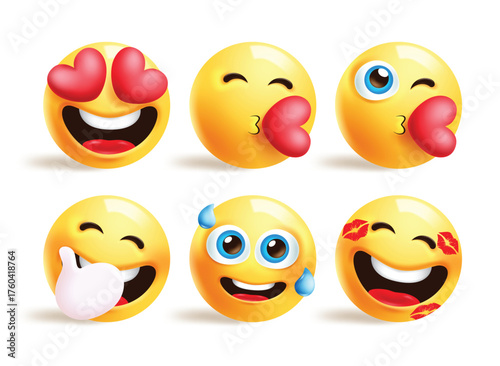 Emoji love heart clipart set. Love emojis in love character clip art with heart, shy, blush, tense, kiss mark and kissing facial expression yellow icon collection vector illustration. 

