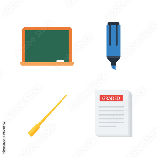 Classroom essentials for education and learning designs featuring a chalkboard, marker, pointer, and graded papers, perfect for back to school projects