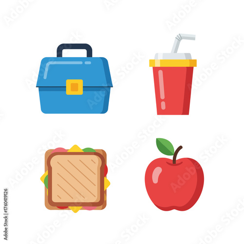 Healthy school lunch set with sandwich, apple, drink, and lunchbox for kids, perfect for educational materials and back to school promotions