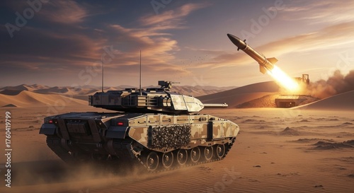 Combat scene Tank firing at missile launcher, desert landscape, dramatic sky