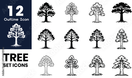 Collection of twelve stylized tree icons in a silhouette style for graphic design and nature themes