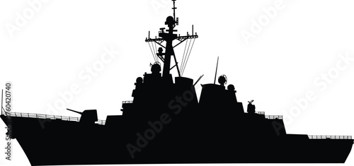 Silhouette of military warship at sea, navy destroyer vessel with radar and weapon system, maritime defense, naval power concept illustration