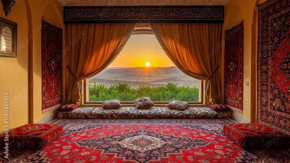 Interior view of a traditional middle eastern room with carpets, cushions, and a window overlooking a desert landscape at sunset ai generated vedio