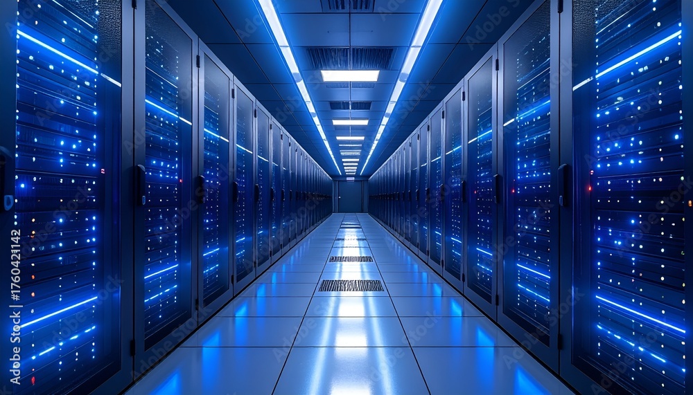 Fototapeta premium A high-tech server room with illuminated racks, showcasing advanced technology and data management