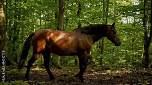 Majestic brown horse with dark mane moves gracefully through a lush, green forest during daylight, dappled sunlight filters through the leaves creating a natural, serene atmosphere.