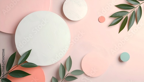 Abstract composition of circular shapes in soft pastel colors with green leaves, creating a serene backdrop