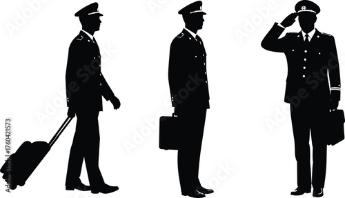 Silhouette of pilot in uniform walking with luggage, standing and saluting, aviation professional concept, travel industry, airline crew posture