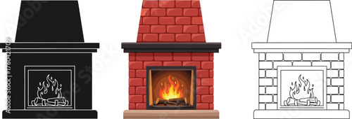 Three views of a fireplace in silhouette, color, and line drawing styles