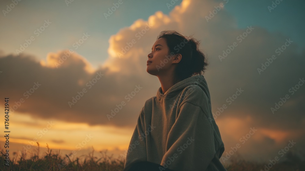 Fototapeta premium A woman is sitting in a field with a hoodie on and looking up at the sky. The sky is cloudy and the sun is setting, creating a moody atmosphere