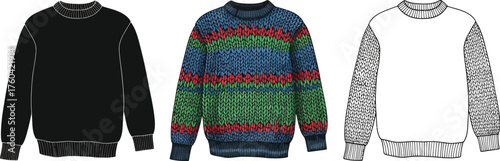 Three sweater illustrations in black, colored, and outline styles