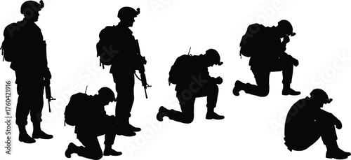 Silhouette of soldiers kneeling and sitting with rifles, military men resting and thinking, army troops concept on white background