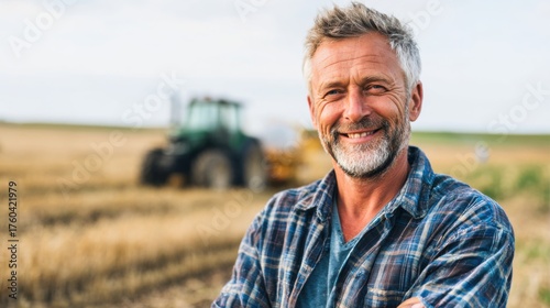 A man with a beard and a plaid shirt is smiling in front of a tractor. Concept of happiness and contentment, as the man is enjoying his work in the field