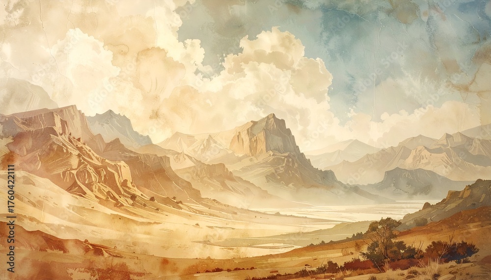 Naklejka premium Serene desert landscape with majestic mountains and soft clouds, evoking tranquility and exploration