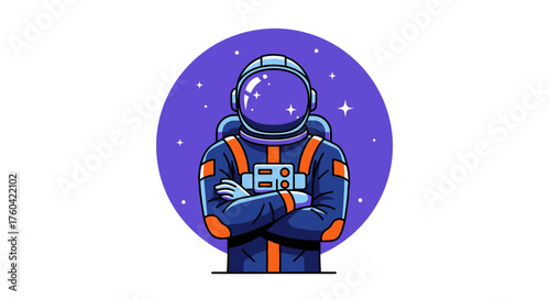 Astronaut in Space Suit with Arms Crossed Cartoon Character in Cosmic Scene Illustration